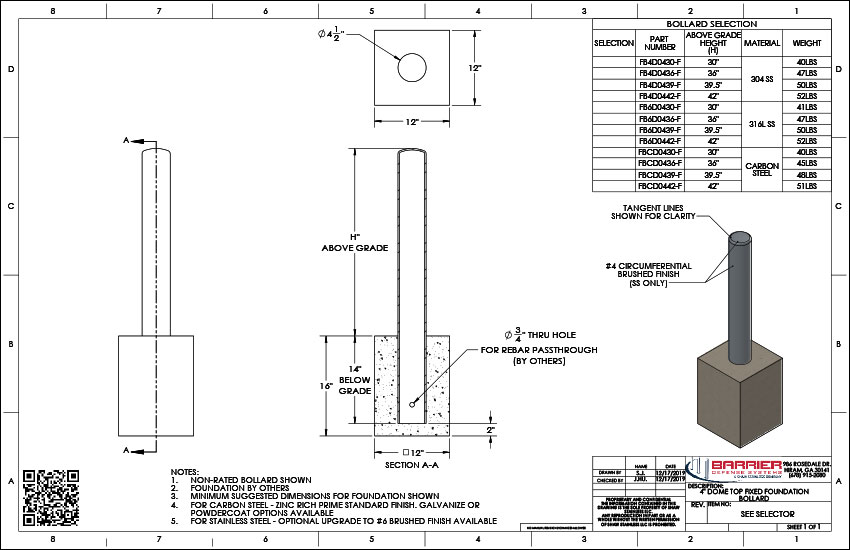 4in. Dome Top Fixed Foundation Bollard