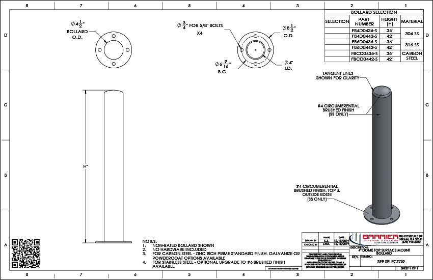4in. Dome Top Surface Mount Bollard