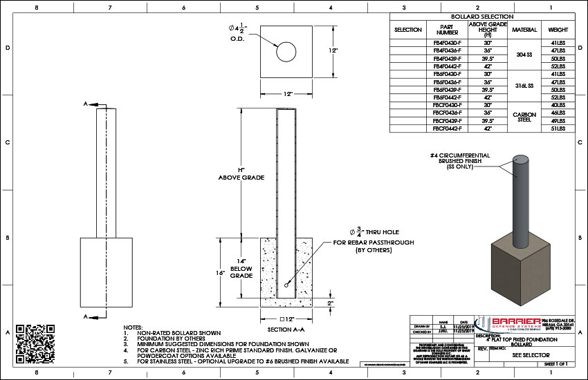 4in. Flat Top Fixed Foundation Bollard
