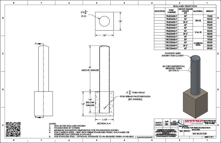6in. Dome Top Fixed Foundation Bollard