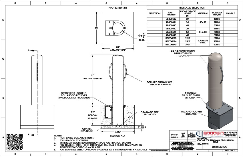 6in. Dome Top Removable Bollard With Rcvr
