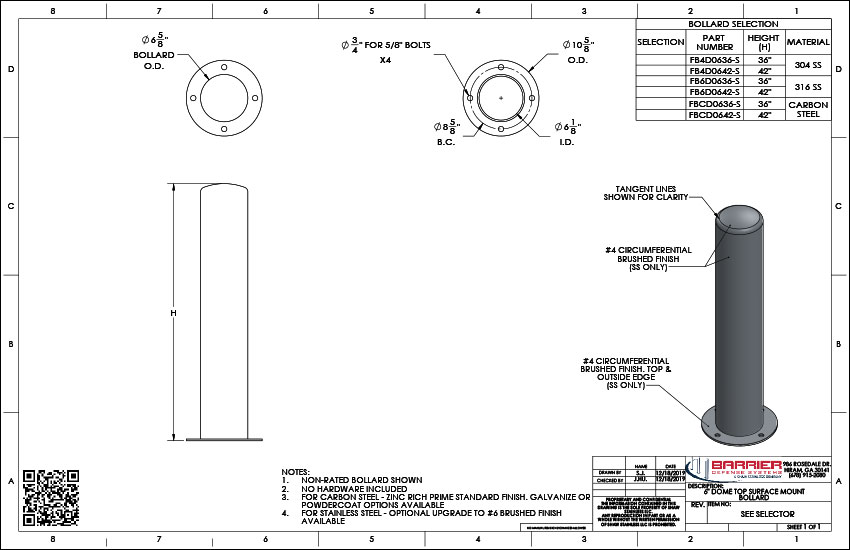 6in. Dome Top Surface Mount Bollard