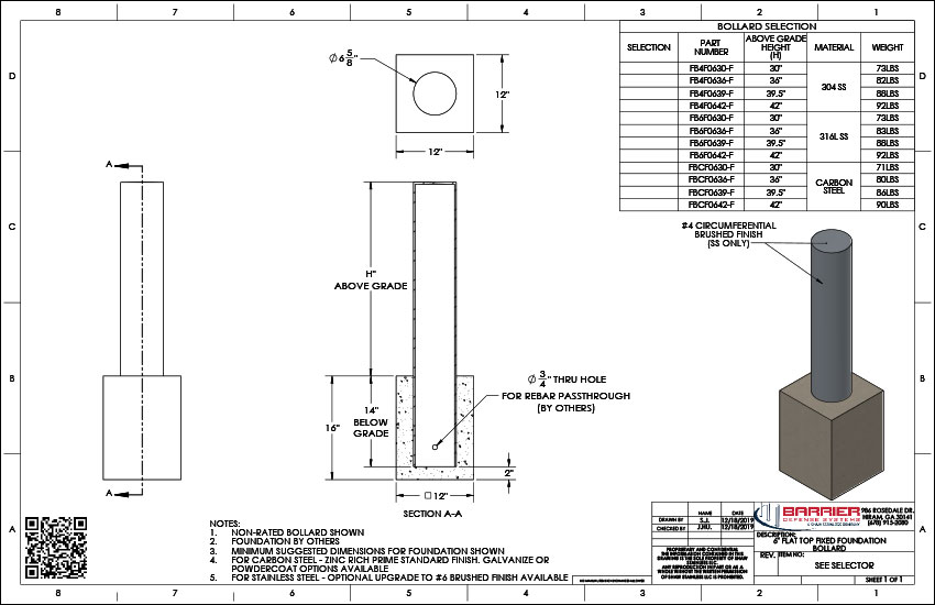 6in. Flat Top Fixed Foundation Bollard