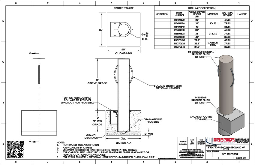 6in. Flat Top Removable Bollard With Rcvr