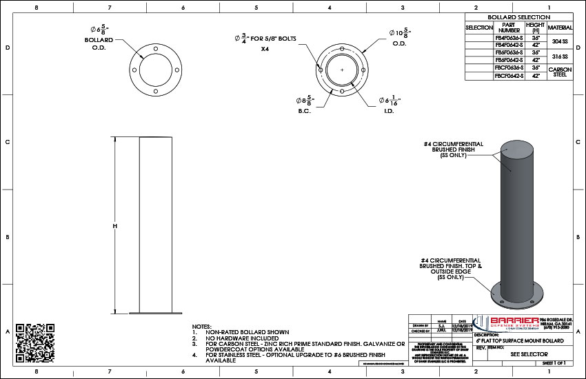6in. Flat Top Surface Mount Bollard