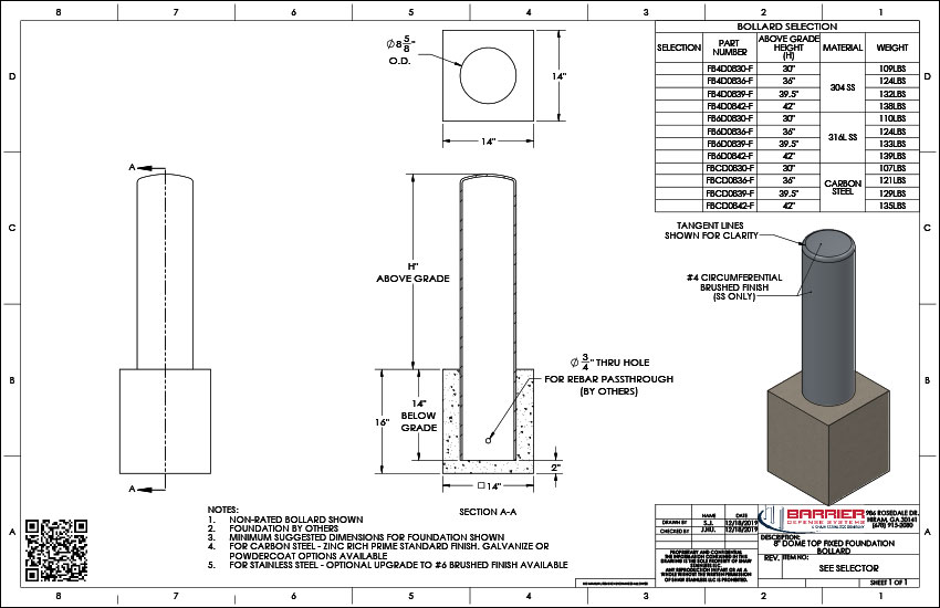 8in. Dome Top Fixed Foundation Bollard