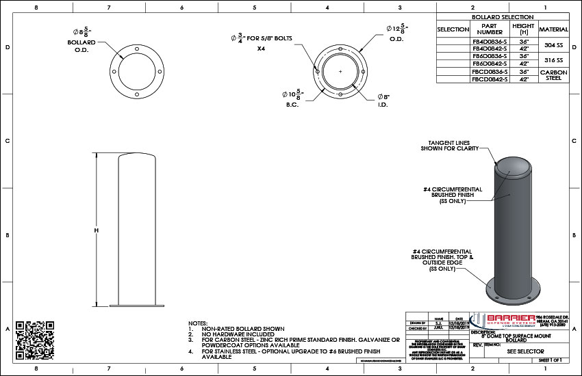 8in. Dome Top Surface Mount Bollard