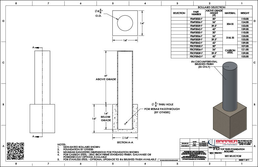 8in. Flat Top Fixed Foundation Bollard