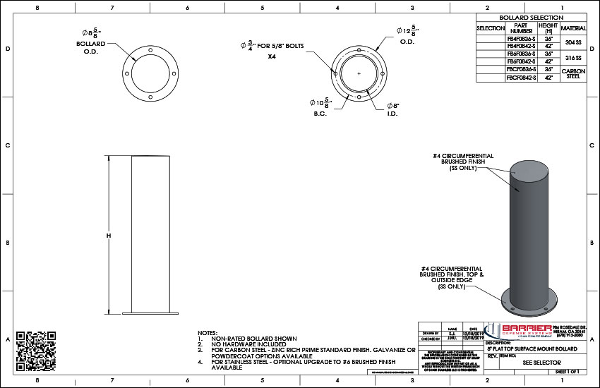 8in. Flat Top Surface Mount Bollard