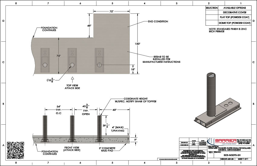 ASTM M30 Crash Rated Limited Foundation Fixed Bollards CAD Detail PDF