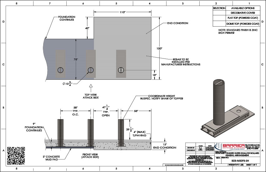 ASTM M50 Crash Rated Limited Foundation Fixed Bollards CAD Detail PDF