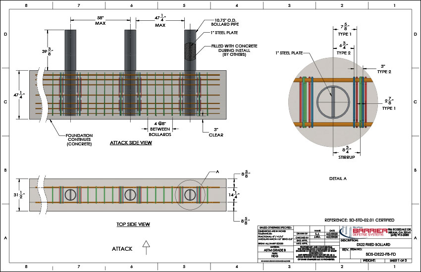 DOS K12 (DS22) Crash Rated Fixed Bollards (15,000lbs at 50mph)  CAD Detail PDF